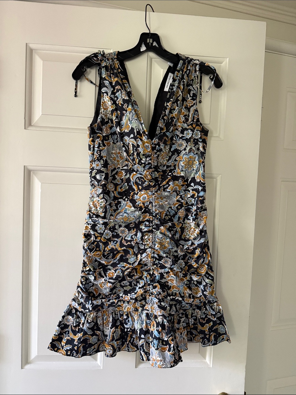 Veronica Beard Black Floral V-Neck Ruched Mini Dress with Gold Accents